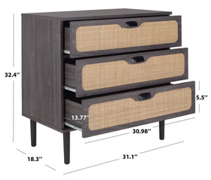 Safavieh Irelia Elegant Three-Drawer Chest With Rattan Mesh And Metal Pulls For Stylish Storage Solutions Distressed Black CHS9602E