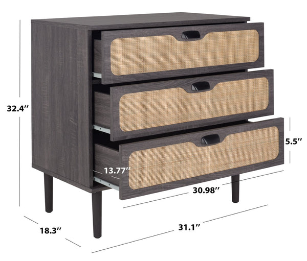 Safavieh Irelia Elegant Three-Drawer Chest With Rattan Mesh And Metal Pulls For Stylish Storage Solutions Distressed Black CHS9602E