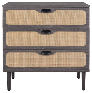 Safavieh Irelia Elegant Three-Drawer Chest With Rattan Mesh And Metal Pulls For Stylish Storage Solutions Distressed Black CHS9602E