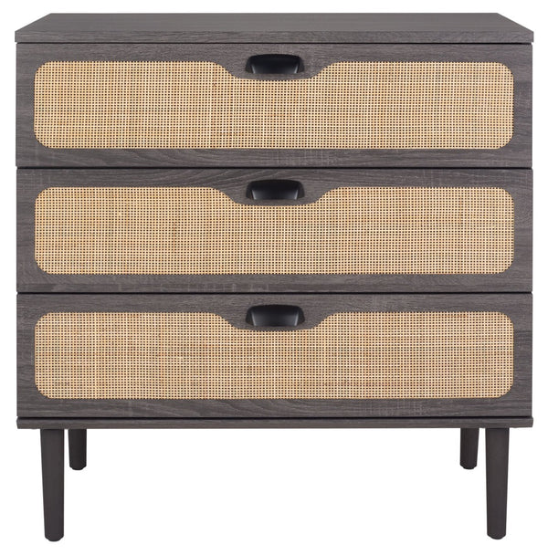 Safavieh Irelia Elegant Three-Drawer Chest With Rattan Mesh And Metal Pulls For Stylish Storage Solutions Distressed Black CHS9602E