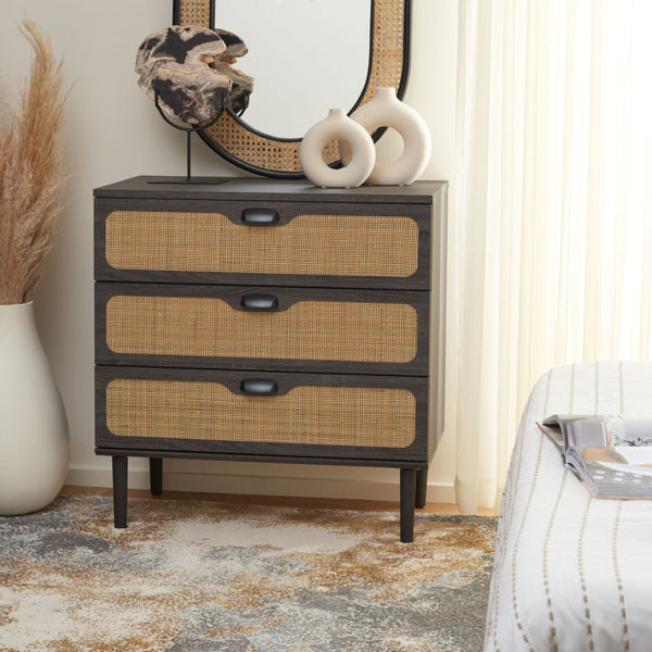 Safavieh Irelia Elegant Three-Drawer Chest With Rattan Mesh And Metal Pulls For Stylish Storage Solutions Distressed Black CHS9602E