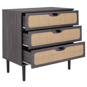 Safavieh Irelia Elegant Three-Drawer Chest With Rattan Mesh And Metal Pulls For Stylish Storage Solutions Distressed Black CHS9602E