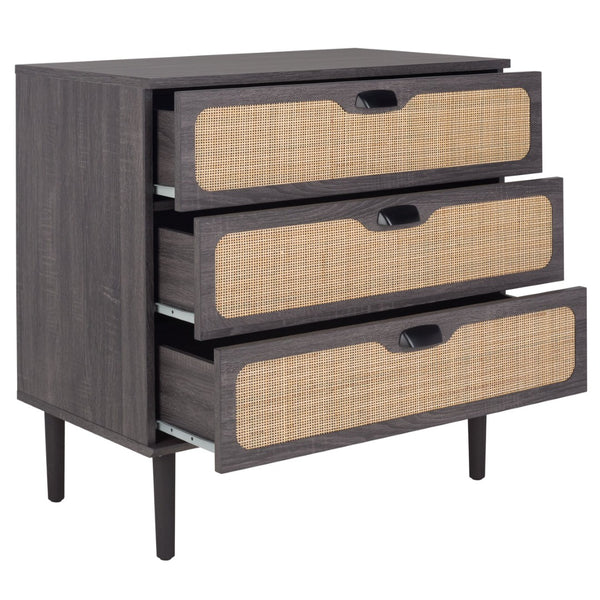 Safavieh Irelia Elegant Three-Drawer Chest With Rattan Mesh And Metal Pulls For Stylish Storage Solutions Distressed Black CHS9602E