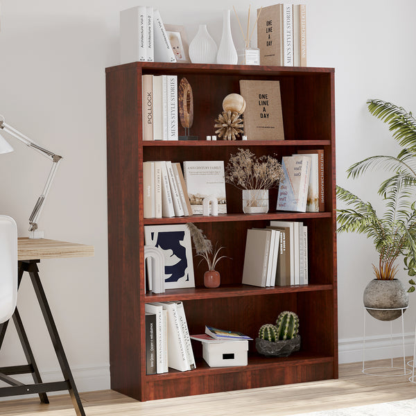 4 Shelf Modern Wooden Bookcase 48" Tall Cherry – 4-Tier Freestanding Display, Adjustable Shelves, Waterproof Finish