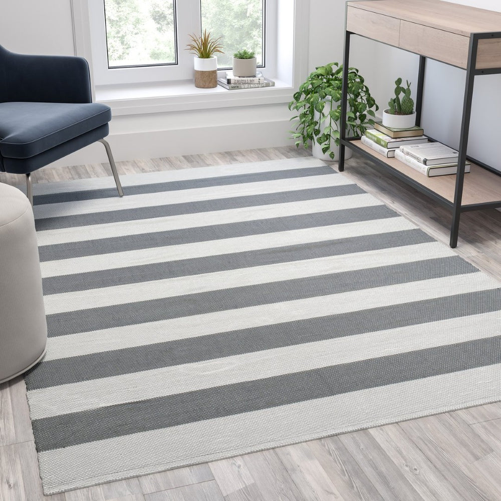 English Elm Melissa Grey & White Striped Handwoven Area Rug - Stylish, Stain-Resistant for Indoor/Outdoor Use! CI-20-9409-57-GR-WH-GG