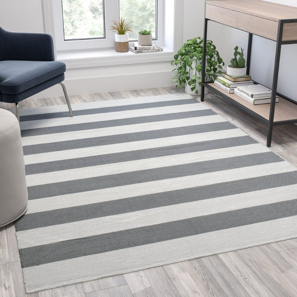 English Elm Melissa Grey & White Striped Handwoven Area Rug - Stylish, Stain-Resistant for Indoor/Outdoor Use! CI-20-9409-57-GR-WH-GG