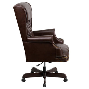 English Elm Ainslie High Back Ergonomic Executive Office Chair - Brown LeatherSoft with Oversized Headrest & Nail Trim CI-J600-BRN-GG