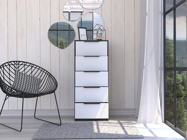 English Elm Kaia 5-Drawer Vertical Dresser in Smokey Oak & White — Narrow 16.26" Depth, Spacious Lightweight Storage, Durable Particleboard, Easy Assembly, TSCA Compliant B07091874