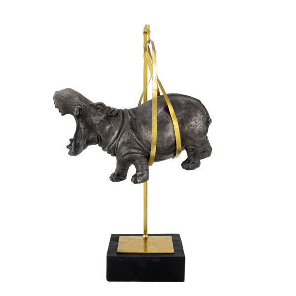 Zeugma Circus Hippo Statue - Elegant Grey And Black Decor With Gold Accents, 17" Tall, Unique Home Accent!   Cf1180333