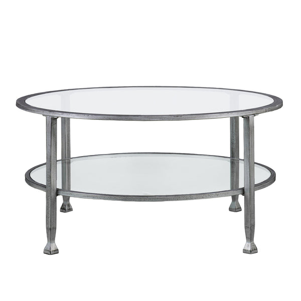 Safavieh Jaymes Round Iron And Tempered Glass Coffee Table With Two Tier Display Shelf SLV CK0740
