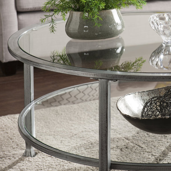 Safavieh Jaymes Round Iron And Tempered Glass Coffee Table With Two Tier Display Shelf SLV CK0740