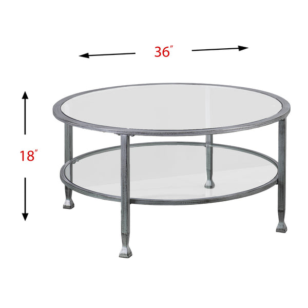 Safavieh Jaymes Round Iron And Tempered Glass Coffee Table With Two Tier Display Shelf SLV CK0740