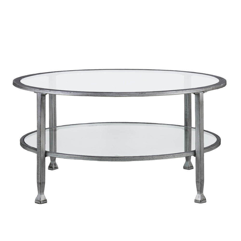 Safavieh Jaymes Round Iron And Tempered Glass Coffee Table With Two Tier Display Shelf SLV CK0740