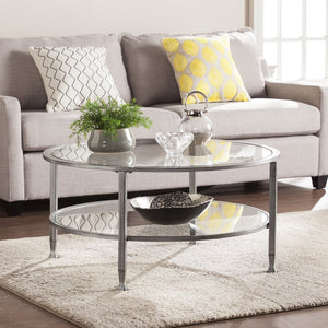 Safavieh Jaymes Round Iron And Tempered Glass Coffee Table With Two Tier Display Shelf SLV CK0740