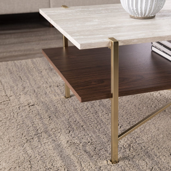 Safavieh Ardmillan Faux Marble Top Coffee Table With Open Shelf And Iron Legs For Living Room BRASS CK1004900