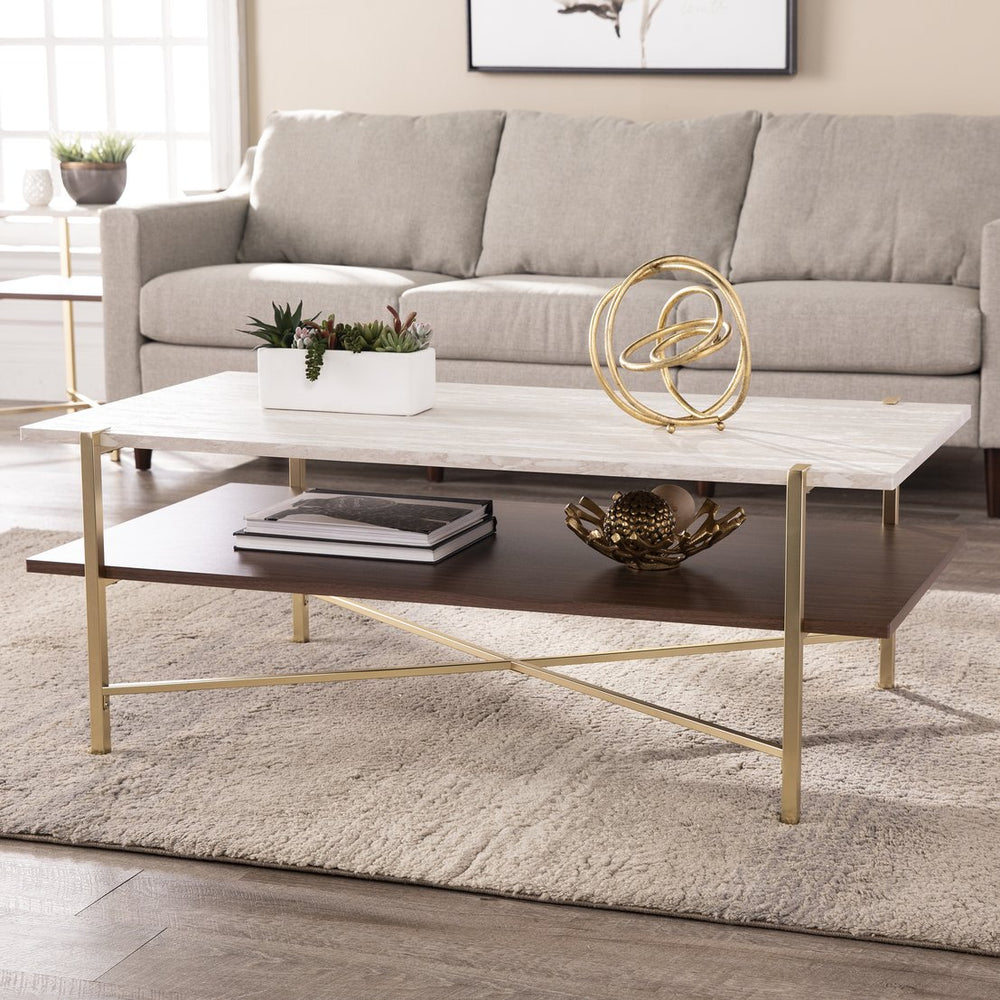 Safavieh Ardmillan Faux Marble Top Coffee Table With Open Shelf And Iron Legs For Living Room BRASS CK1004900