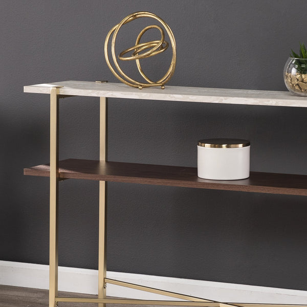 Safavieh Ardmillan Two Tier Faux Marble Console Table With Iron X Base For Entryway BRASS CK1004903