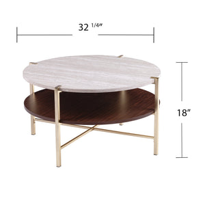 Safavieh Ardmillan Round Two Tier Coffee Table With Faux Marble Top And Iron X Base BRASS CK1004990