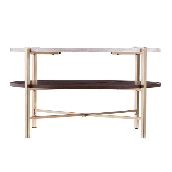 Safavieh Ardmillan Round Two Tier Coffee Table With Faux Marble Top And Iron X Base BRASS CK1004990