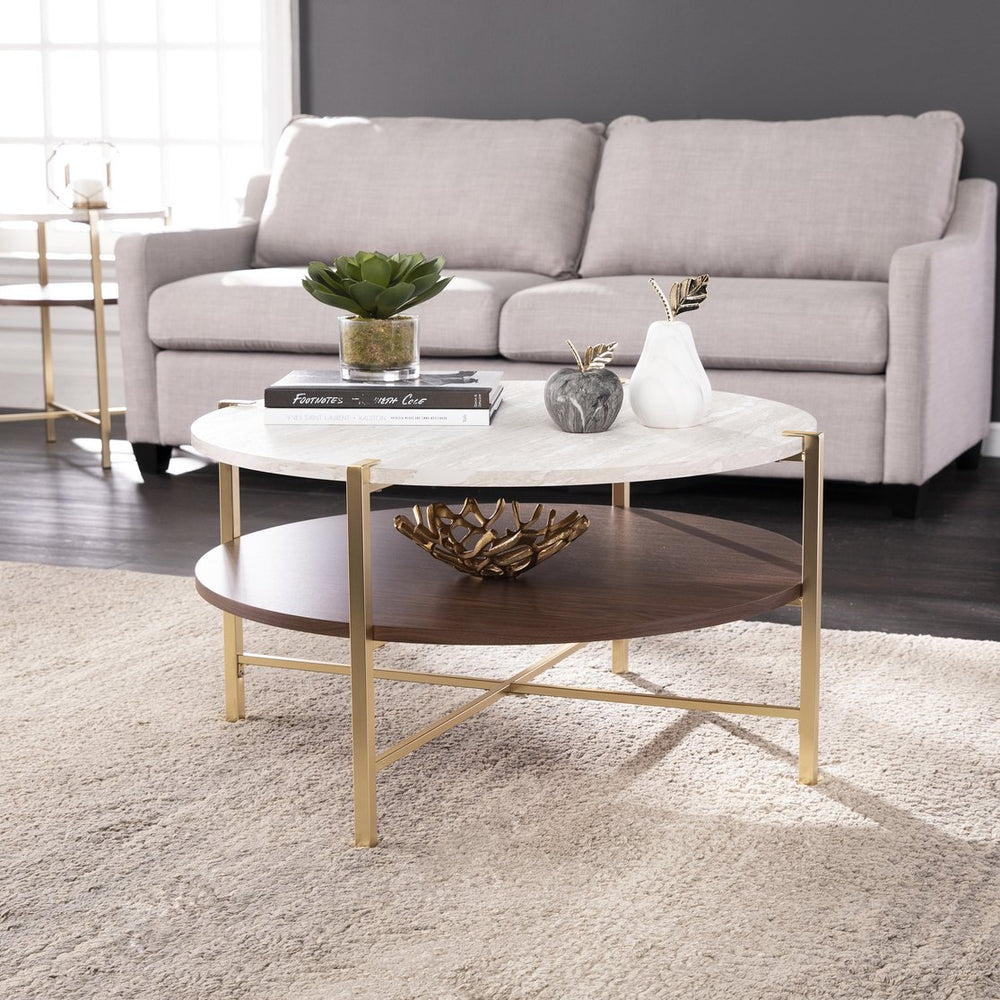 Safavieh Ardmillan Round Two Tier Coffee Table With Faux Marble Top And Iron X Base BRASS CK1004990