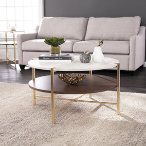 Safavieh Ardmillan Round Two Tier Coffee Table With Faux Marble Top And Iron X Base BRASS CK1004990