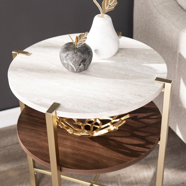 Safavieh Ardmillan Two Tier Round Accent Table With Faux Marble Top And Iron Frame For Living Rooms BRASS CK1004992