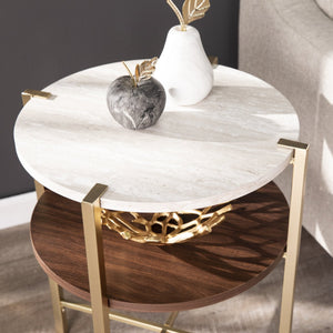 Safavieh Ardmillan Two Tier Round Accent Table With Faux Marble Top And Iron Frame For Living Rooms BRASS CK1004992