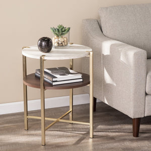 Safavieh Ardmillan Two Tier Round Accent Table With Faux Marble Top And Iron Frame For Living Rooms BRASS CK1004992