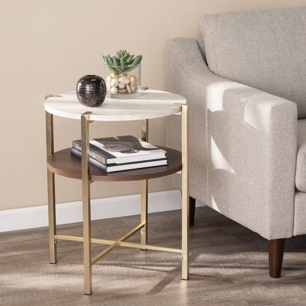 Safavieh Ardmillan Two Tier Round Accent Table With Faux Marble Top And Iron Frame For Living Rooms BRASS CK1004992