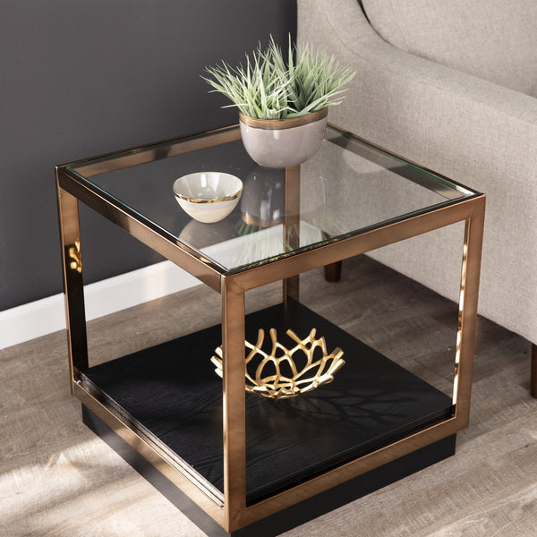 Safavieh Lexina Industrial Iron Frame End Table With Tempered Glass Top And Open Display Shelf CHAMPAGNE CK1005402