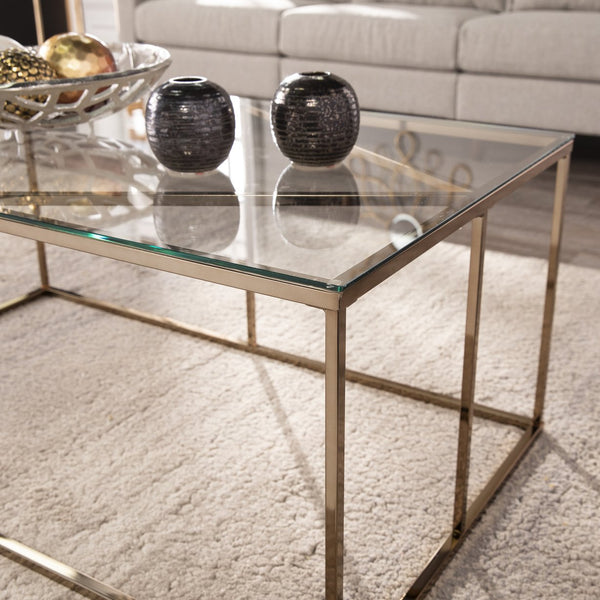 Safavieh Nicholance Art Deco Iron Frame Coffee Table With Tempered Glass Top For Modern Living CHAMPAGNE CK1082100