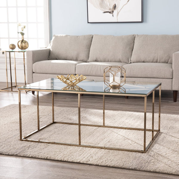 Safavieh Nicholance Art Deco Iron Frame Coffee Table With Tempered Glass Top For Modern Living CHAMPAGNE CK1082100