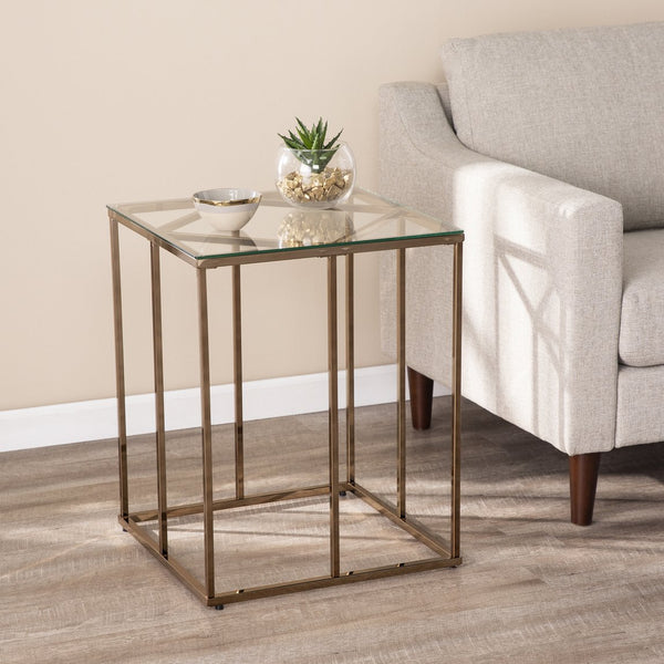 Safavieh Nicholance Geometric Iron Frame Side Table With Tempered Glass Top For Modern Living CHAMPAGNE CK1082102