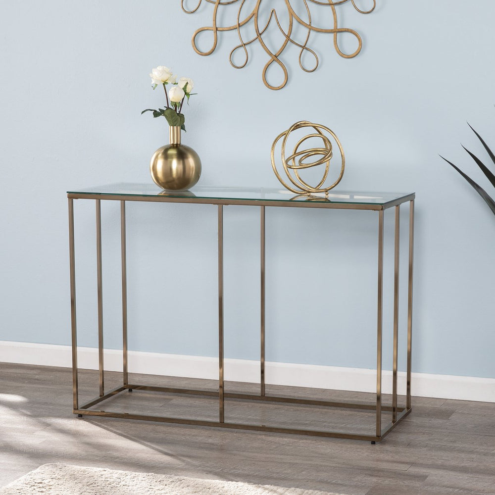 Safavieh Nicholance Tempered Glass Top Iron Console Table With Diamond Frame For Entryway CHAMPAGNE CK1082103