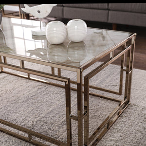 Safavieh Simondley Tempered Glass Faux Marble Coffee Table With Geometric Iron Base For Living Rooms CHAMPAGNE CK1125000