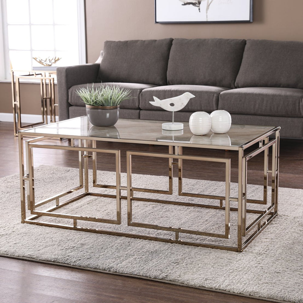 Safavieh Simondley Tempered Glass Faux Marble Coffee Table With Geometric Iron Base For Living Rooms CHAMPAGNE CK1125000