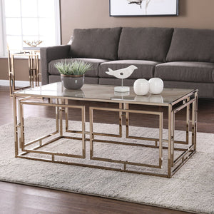 Safavieh Simondley Tempered Glass Faux Marble Coffee Table With Geometric Iron Base For Living Rooms CHAMPAGNE CK1125000