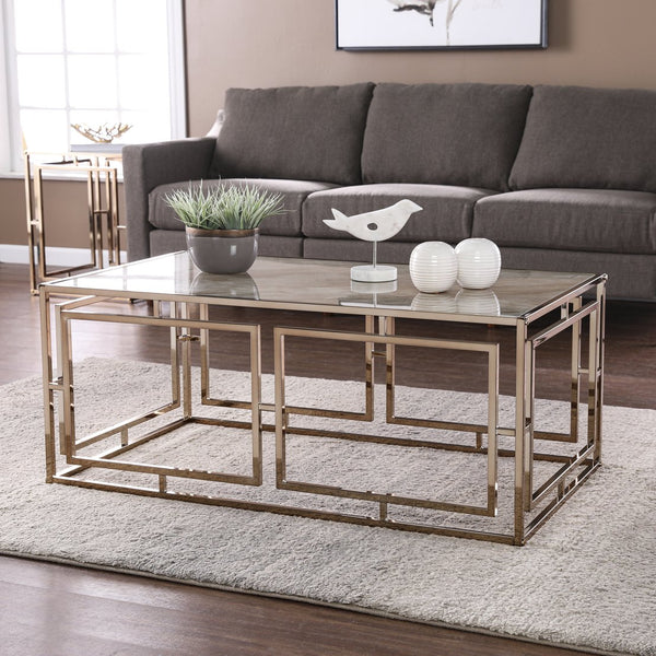 Safavieh Simondley Tempered Glass Faux Marble Coffee Table With Geometric Iron Base For Living Rooms CHAMPAGNE CK1125000