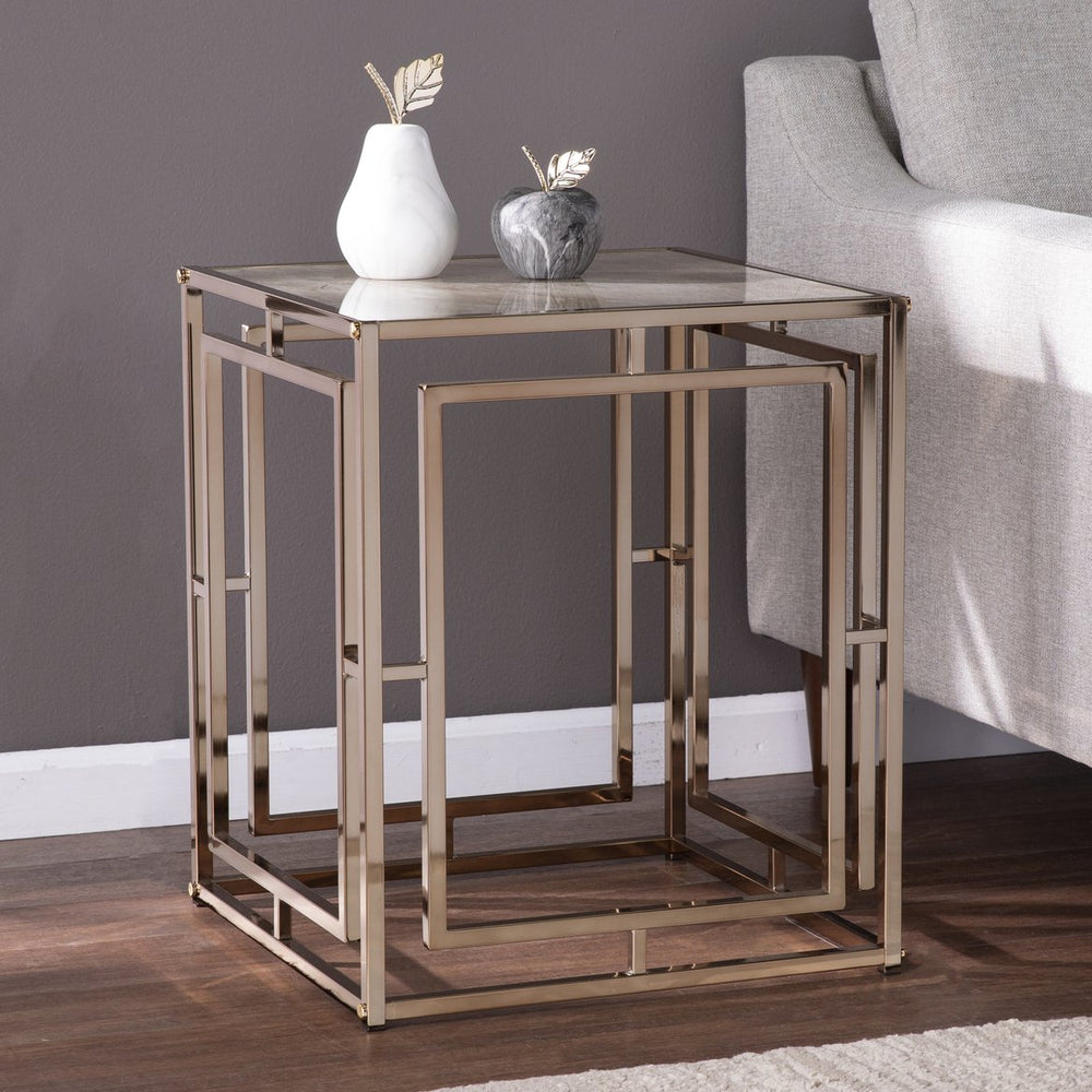 Safavieh Simondley Tempered Glass Marble Top Side Table With Open Iron Frame For Living Room CHAMPAGNE CK1125002