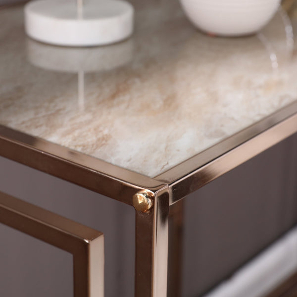 Safavieh Simondley Tempered Glass Faux Marble Console Table With Iron Windowpane Frame For Entryways CHAMPAGNE CK1125003