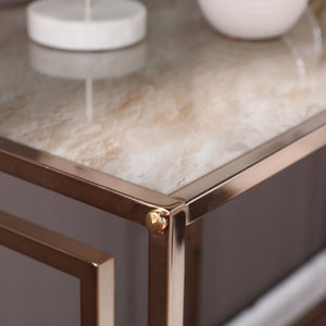 Safavieh Simondley Tempered Glass Faux Marble Console Table With Iron Windowpane Frame For Entryways CHAMPAGNE CK1125003