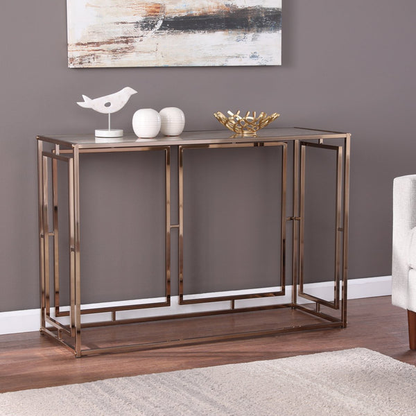 Safavieh Simondley Tempered Glass Faux Marble Console Table With Iron Windowpane Frame For Entryways CHAMPAGNE CK1125003