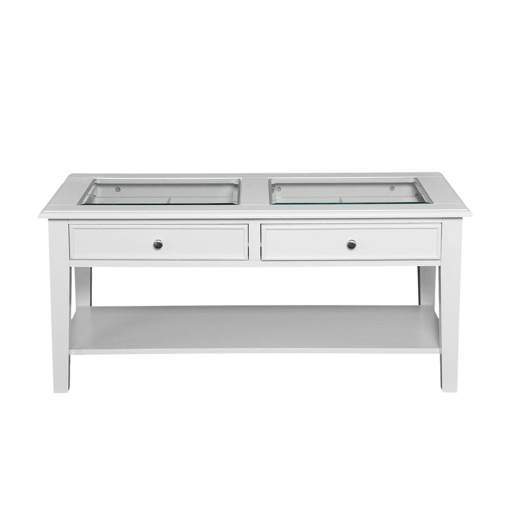 Safavieh Panorama Tempered Glass Coffee Table With Two Drawers And Open Shelf For Living Rooms CK1130