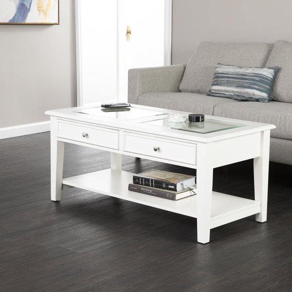 Safavieh Panorama Tempered Glass Coffee Table With Two Drawers And Open Shelf For Living Rooms CK1130