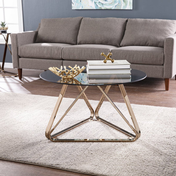 Safavieh Stondon Round Smoked Glass Coffee Table With Geometric Iron Base For Living Rooms CHAMPAGNE CK1131300