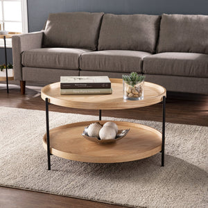 Safavieh Verlington Round Two Tier Coffee Table Oak Veneer Iron Frame Modern Farmhouse Living Room CK1162800