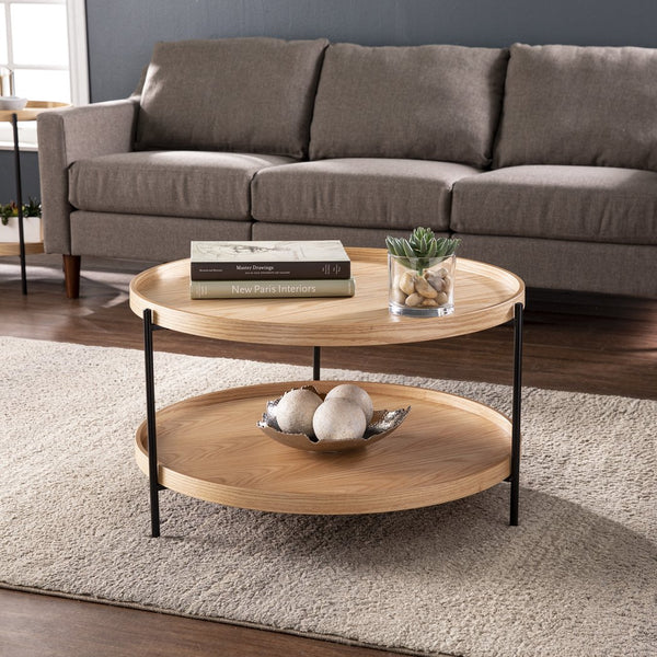 Safavieh Verlington Round Two Tier Coffee Table Oak Veneer Iron Frame Modern Farmhouse Living Room CK1162800