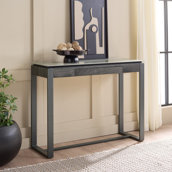 Safavieh Kota Console Table Stone Top Powder Coated Metal Frame Modern Entryway Accent GREY / BLACK CK12313