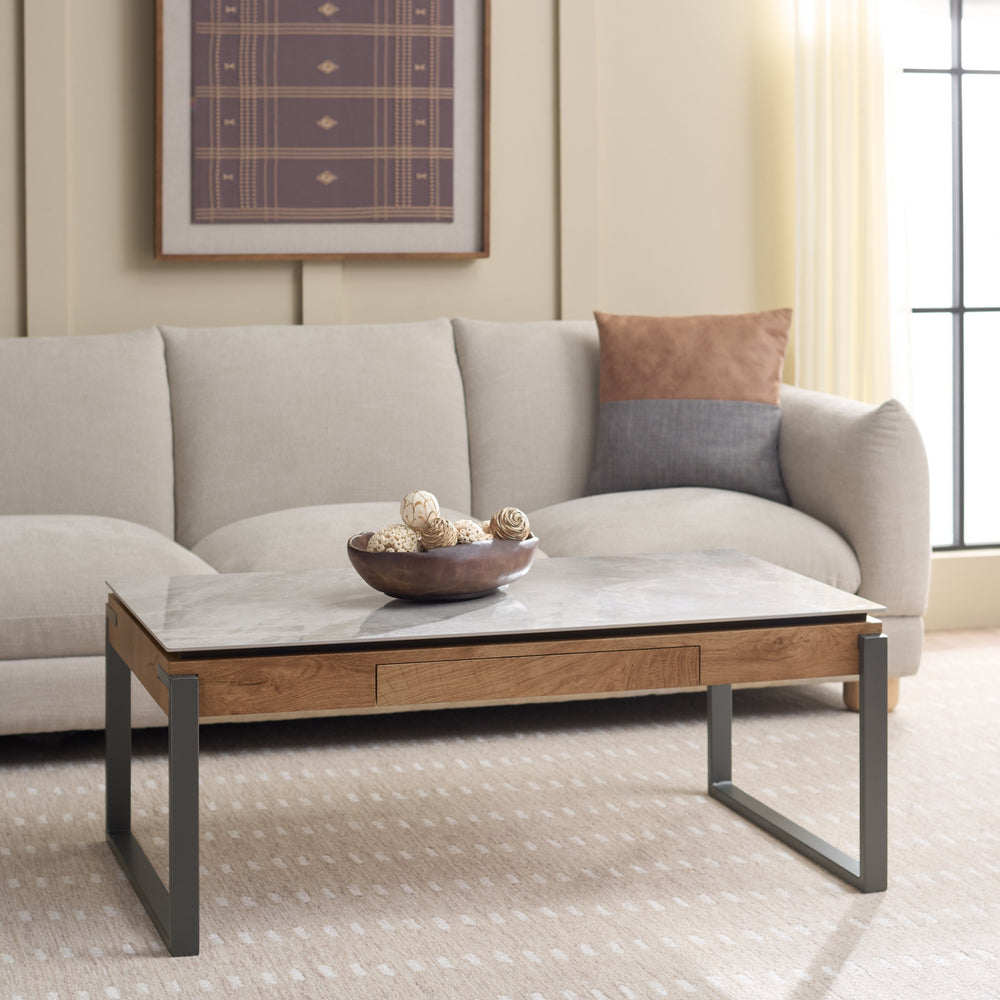 Safavieh Kota Modern Industrial Coffee Table With Hidden Drawer And Stone Look Mdf Top GREY / BROWN CK12330