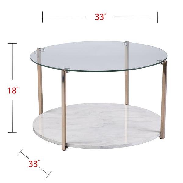 Safavieh Avenida Art Deco Cocktail Table Tempered Glass Top Faux Marble Shelf Gold Plated Legs CK1450